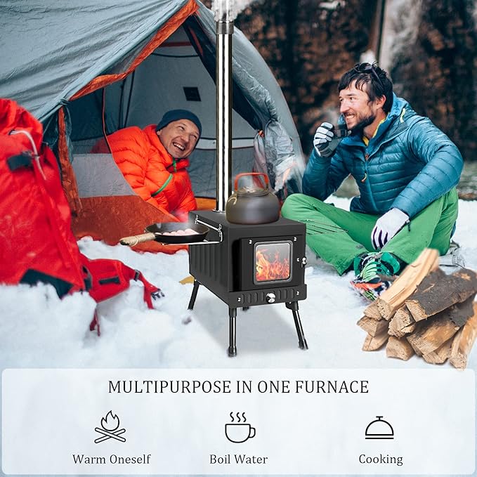Wood Burning Stove,Tent Stove for Heating,Folding Portable Wood Stove for Tent,Cooking,Courtyard,Camping Stove include Chimney Pipes and Spark Arrestor, Black-LOGO