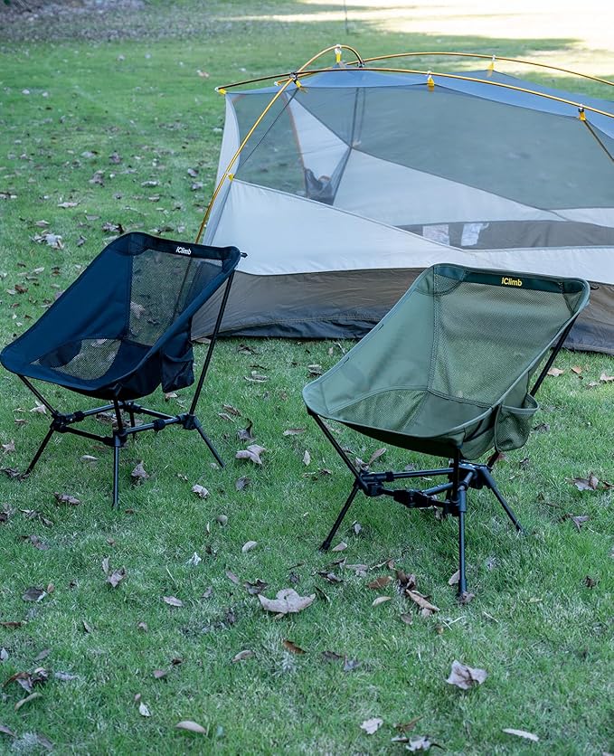 iClimb Ultralight Compact Camping Folding Beach Chair with Anti-Sinking Large Feet and Back Support Webbing (Black - Triangular Frame)