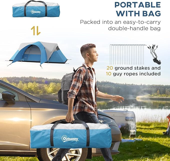 Outsunny 5-6 Man Camping Tent, 3000mm Waterproof Family Tent with Porch and Sewn in Groundsheet, Portable with Bag, for Fishing Hiking Festival