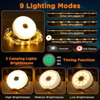 Retractable Camping String Lights, 33FT 3000 mAh Rechargeable 4 in 1 Tent Lights String with 9 Modes, Outdoor Portable Camper Lighting Waterproof, Camp Lamp for Party, Yard, Hiking Essentials