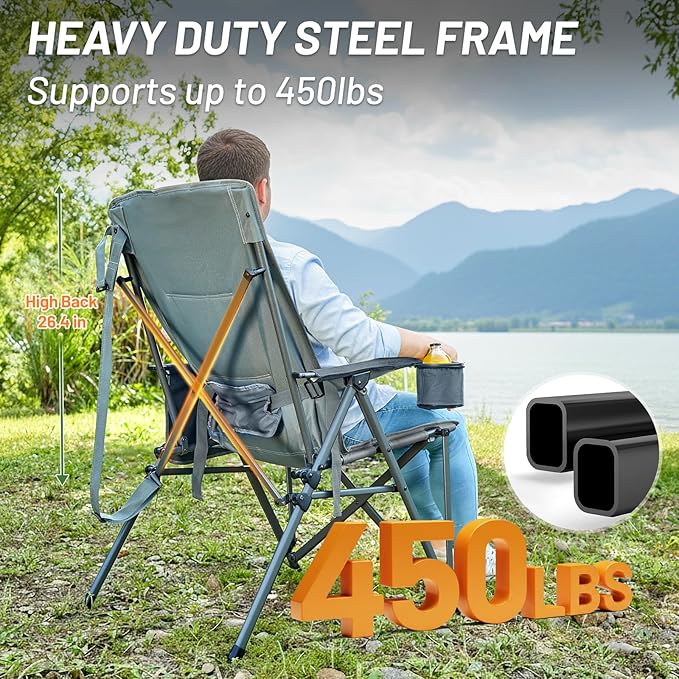 TIMBER RIDGE Oversized Camping Chair with Lumbar Support, Portable Folding Chair Heavy Duty for Adults Supports 450 LBS for Outdoor Camping, Lawn, with High Back, Cup Holder, Side Pocket - Grey, 2Pack