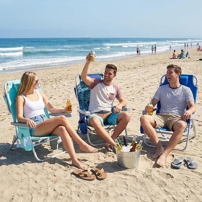 SUNNYFEEL Beach Chairs for Adults 2 Pack 5 Position Lay Flat, Portable Folding Backpack Beach Chair Heavy Duty with Cooler Bag, Cup Holder for Outdoor/Lawn/Picnic/Sand, Foldable Camping Chair