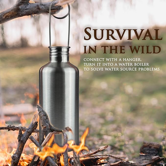 Canteen 42oz Single Wall Water Bottle with 24oz Nested Camping Cup and Carrier Bag, Water Canteen, Bushcraft Gear, Survival Kit, Self Reliance, 304 Stainless Steel - Khaki