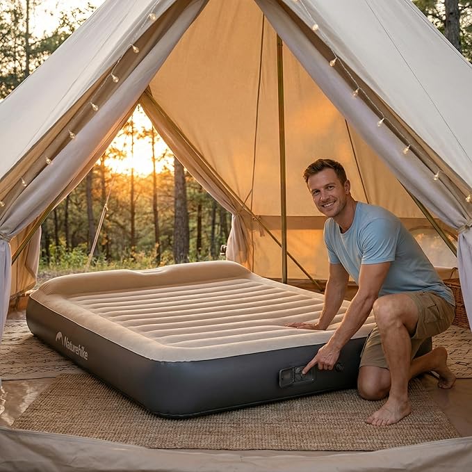 Naturehike Pillow Top Plush Compact King Air Mattress with Rechargeable Built-in Pump, 992 LBS Support, Blow Up Bed with Annular Air Column Structure, Inflatable Airbed for Home, Camping, Guests