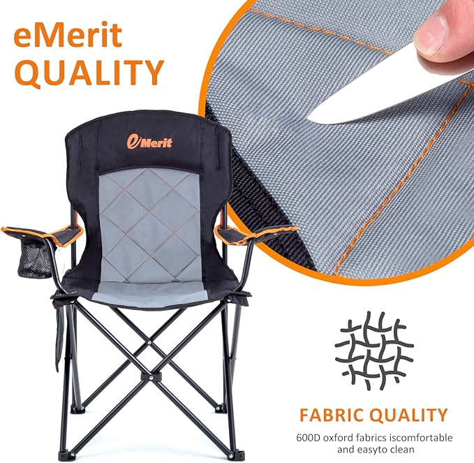 EMERIT Oversized Padded Camping Chair, 350LB Heavy Duty Quad Fold Chair with Arms, Collapsible Outdoor Chairs with Lumbar Back & Cup Holder