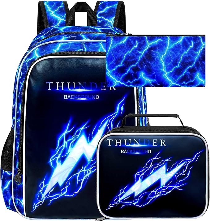 17" Backpack for Boy, 3Pcs Lightning Bookbag for Elementary Preschool Kindergarten, Kids School Backpacks with Lunch Box (Blue)
