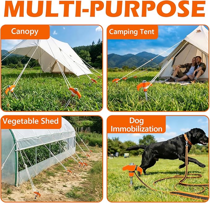 8" Heavy Duty Screw in Tent Stakes, Metal Camping Stakes, Drill-In Ground Anchor, Threaded Stakes for Canopies, Gardening, Yard Inflatables, with Hex Socket and Storage Bag (20, Orange)