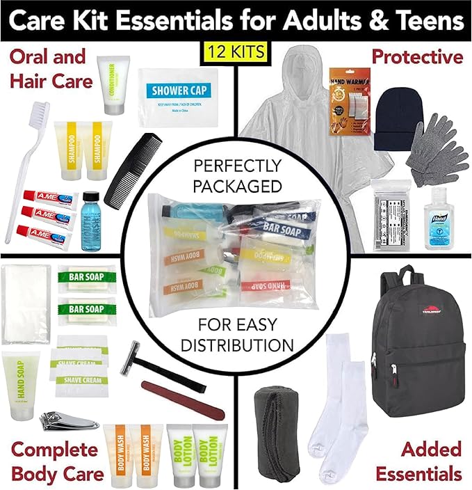 45 Piece Camping Backpack Outdoor Hygiene Kit Essentials, Individually Wrapped Personal Hygiene Kits for Homeless Men, Women (12 Kits of 45 Pieces)