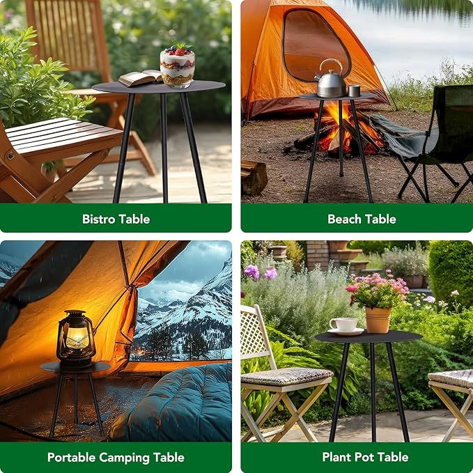 12.2" Small Round Outdoor Side Table - Adjustable Height (11.4" & 18.1") Sturdy Metal End Table, Anti-Rust Coated Iron Plant Stand, Portable Camp Table for Tent, Beach, Balcony, Black
