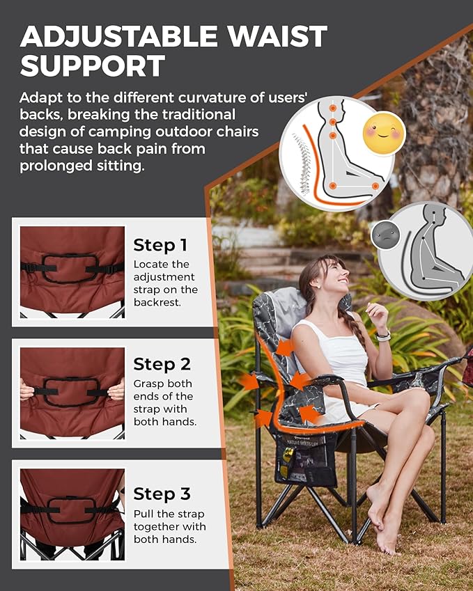 KingCamp Oversized Camping Folding Chair, Heavy Duty 450 LBS with Lumbar Support, Padded seat with Cup Holder&Cooler Bag, Ideal for Camp, Fishing, Sports Event, Backyard, Patio, Lawn(Lava Red)