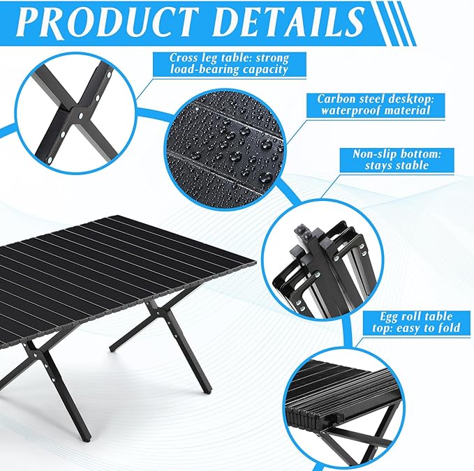 Suzile 2 Pack Foldable Camping Table 4ft Portable Lightweight Picnic Table Collapsible Roll up Metal Camp with Carry Bag for Camping, Picnic, Patio, Outdoor Party(Black)