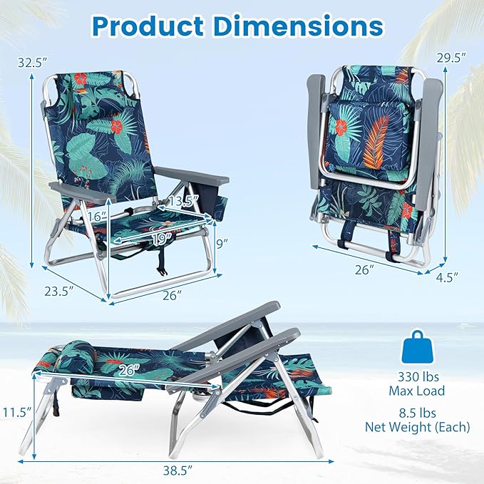 Goplus Beach Chair, Folding Backpack Beach Chairs for Adults with 5 Positions, Head Pillow, Cooler Bag, Towel Bar, Cup Holders, Sunbath Sling Tanning Lounge, Foldable Layout Camping Chairs