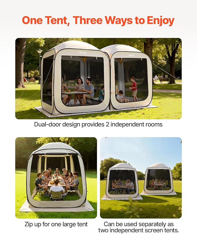 VEVOR 12x6ft 2-in-1 Pop-Up Screen House Tent, Dual Room Screen Gazebo, Portable Screened Canopy with Carry Bag, Netting Sides & Ground Stakes for Garden, Patio, Backyard & Outdoor Activities, Beige