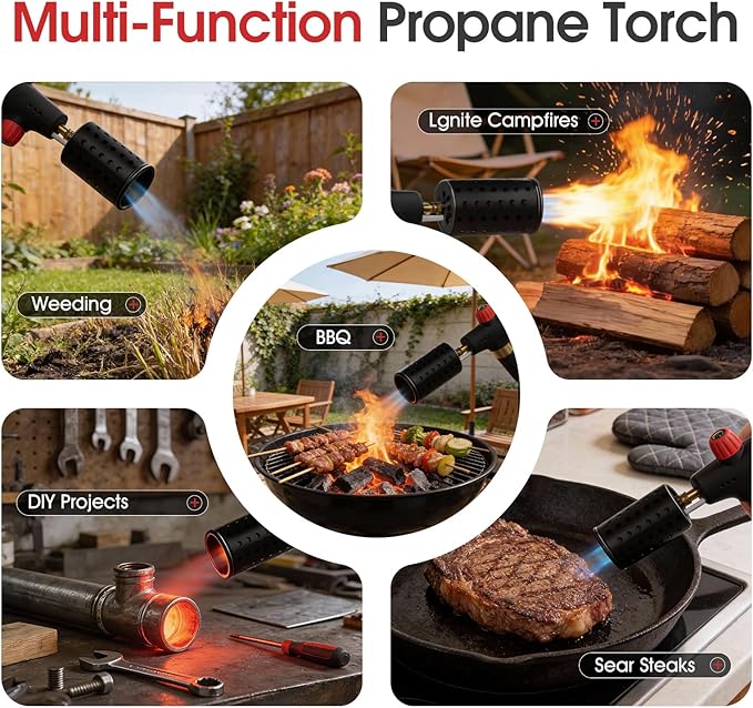 Propane Torch Gun, Adjustable Propane Flame Thrower Gun with Safety Lock, Powerful Propane Fire Starter Blow Torch for Camping Grill, Cooking, Campfire & Charcoal Lighting,Tank Not Included, Black