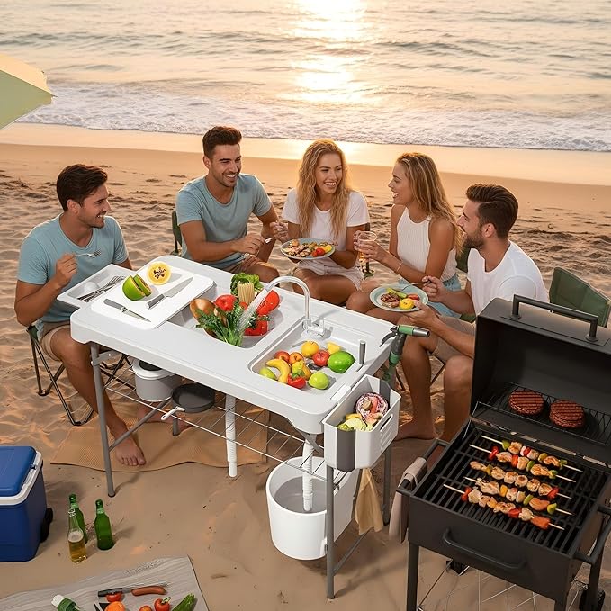GarveeLife Folding Fish Cleaning Table, Portable Camping Double Sinks Table w/2 Dual Water Basins, Faucet Drainage Hose & Sprayer, Outdoor Fish Fillet Cleaning Station w/Storage Box