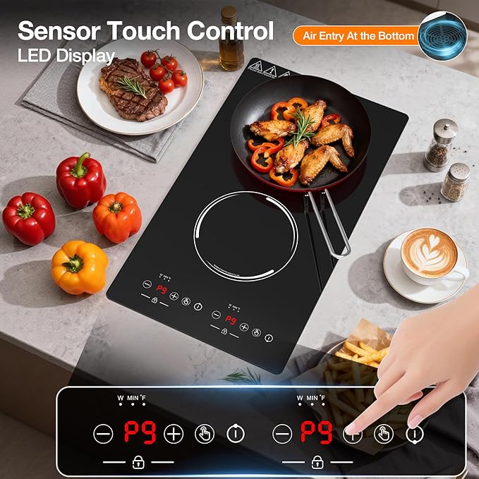 Double Induction Cooktop 2300W, Portable Induction Stove Hot Plate with 9-Level Independent Touch Control, Safety Lock, 2H Timer for Easy & Safe Cooking in Apartments, RVs, Camping and Outdoor