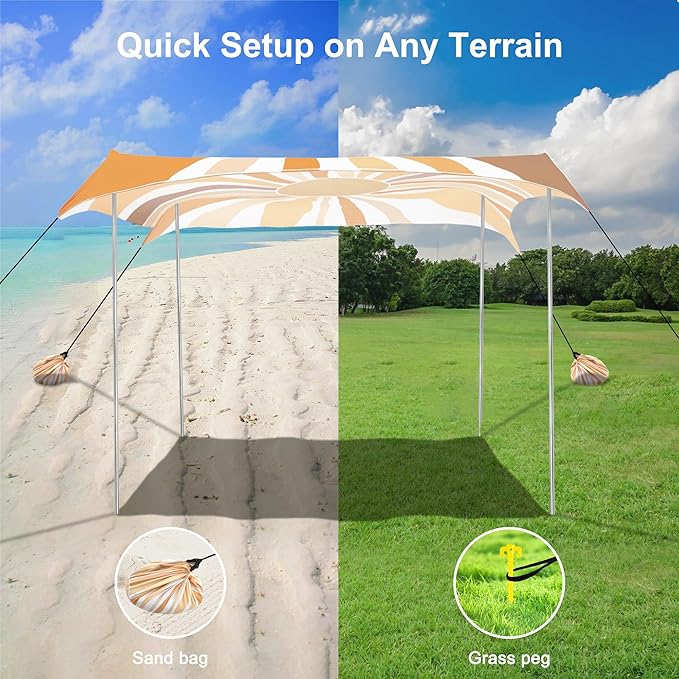 Beach Tent, UPF 50+ Beach Canopy Sun Shade, Portable 10×10 FT Large Pop-Up Beach Tent Sun Shelter with Sand Anchors, Ground Pegs, Easy Setup for Beach, Camping, Park, and Backyard Fun - Sunflower
