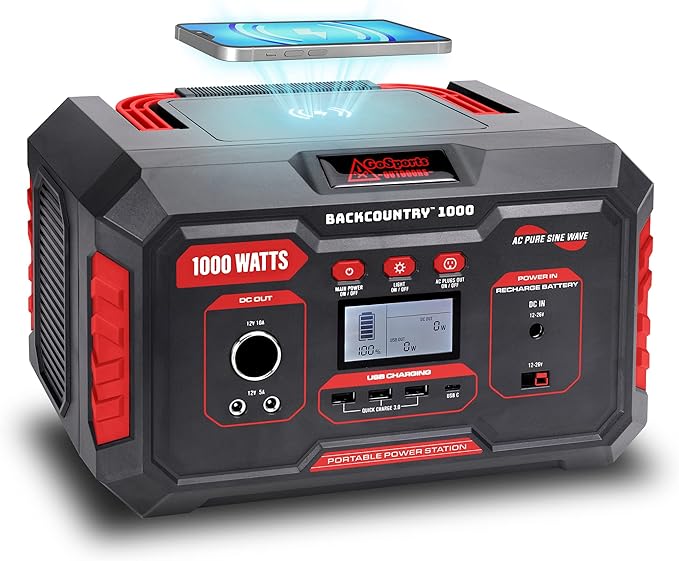 GoSports Outdoors Backcountry 1000W Portable Power Station - Solar Generator Lithium Backup Battery with 110V/1000W AC Power Outlet, USB, Wireless Charging for Outdoor Camping and Indoor Home Use