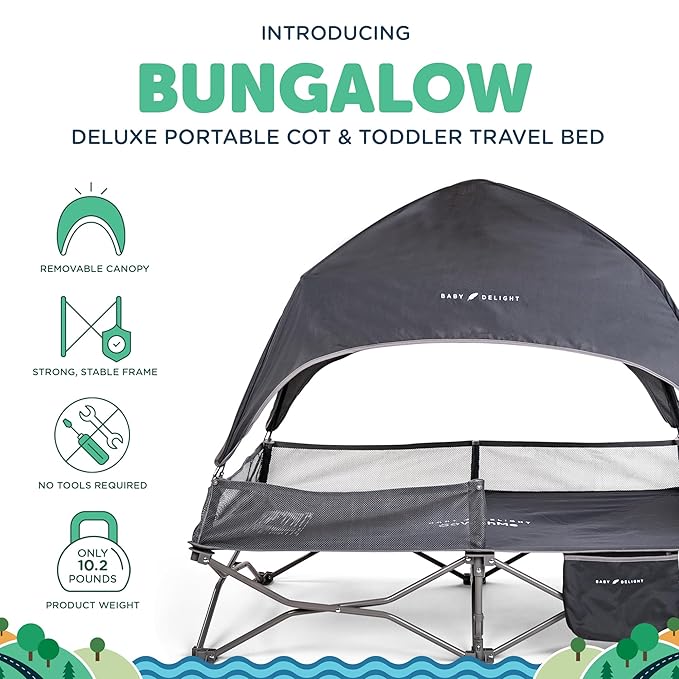 Baby Delight Go with Me Bungalow Deluxe Portable Cot | Toddler Travel Bed | Indoor and Outdoor | Sun Canopy | Grey