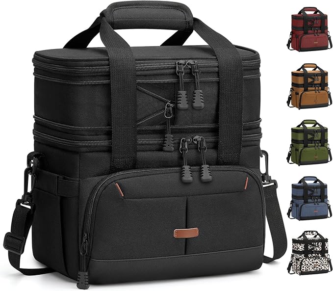 Lunch Box For Men Women Double Deck Insulated Lunch Bag For Men Woman Leakproof Expandable Cooler Bag with Adjustable Shoulder Strap for Kids Shool Work Picnic Camping(Black,Large)