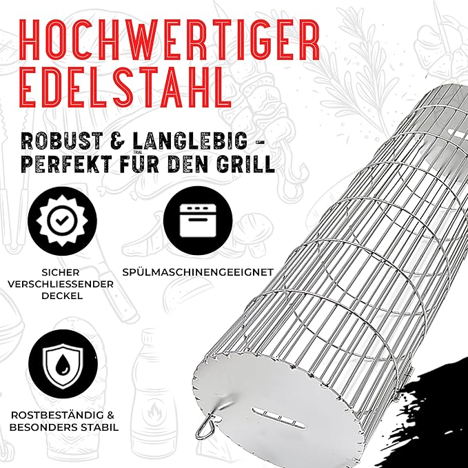 Rolling Grill Basket, New Opening Design, Extra Sturdy Cylinder Grilling Basket, Food Grade Stainless Steel, Large Portable Outdoor Camping accessories BBQ Net Rack, Cooking Griller for Fish, Vegetables, and More - Gifts for Men Dad Husband - Set of 2