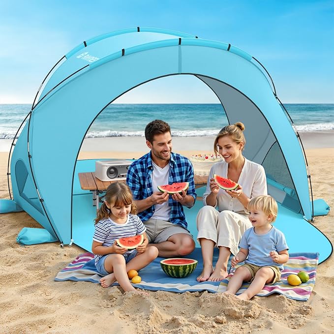 Beach Tent Sun Shelter, Beach Shade Tent with UPF50+ UV Protection, Sun Shelter for 1-4 Person, Beaches Shade with 2 Zippered Doors, Portable Tents for Camping Fishing, Light Blue