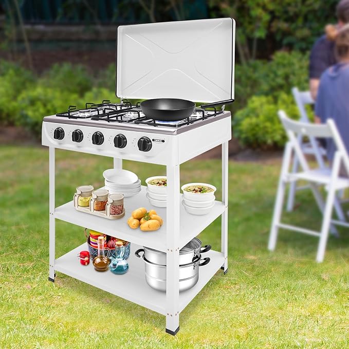 5 Burner Natural Gas Burner Portable Camping Stove Manual Ignition Gas Stove with Support Leg Stand and Wind Blocking Cover for RV, Apartment, Outdoor Cooking