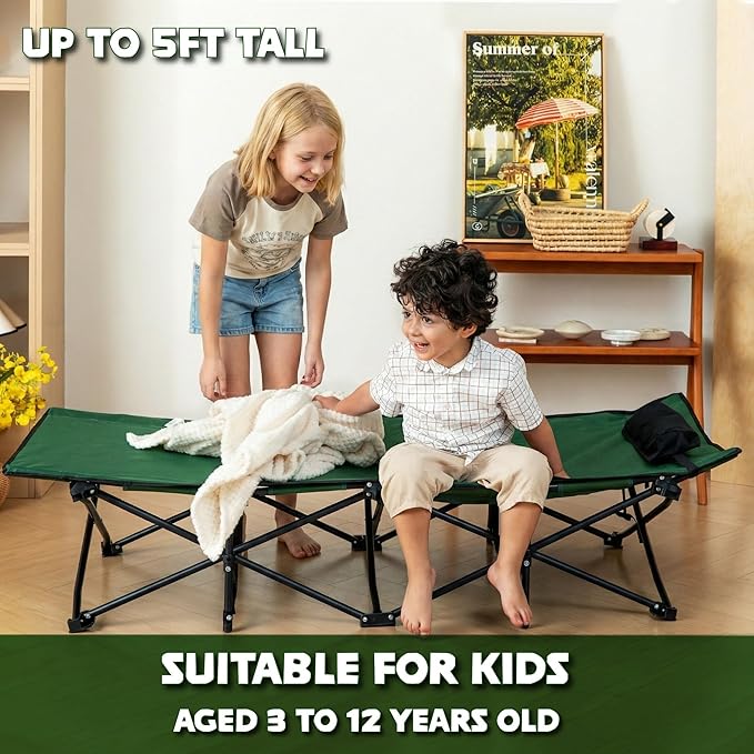 LITTLE EXPLORERS Kids cot, Child Camping and Travel Cot, Kids Cots for Sleeping, Foldable Bed for Kid, Includes Pillow and Bag | Age 3-12 | 60inch