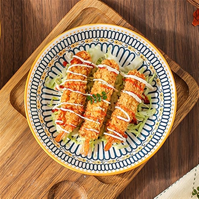 Camping Plates Ceramic Dinner Plate Home Kitchen Round Ceramic Tableware Retro Pattern Dessert Salad Plate Dinner Plate Decorative Plate(B)
