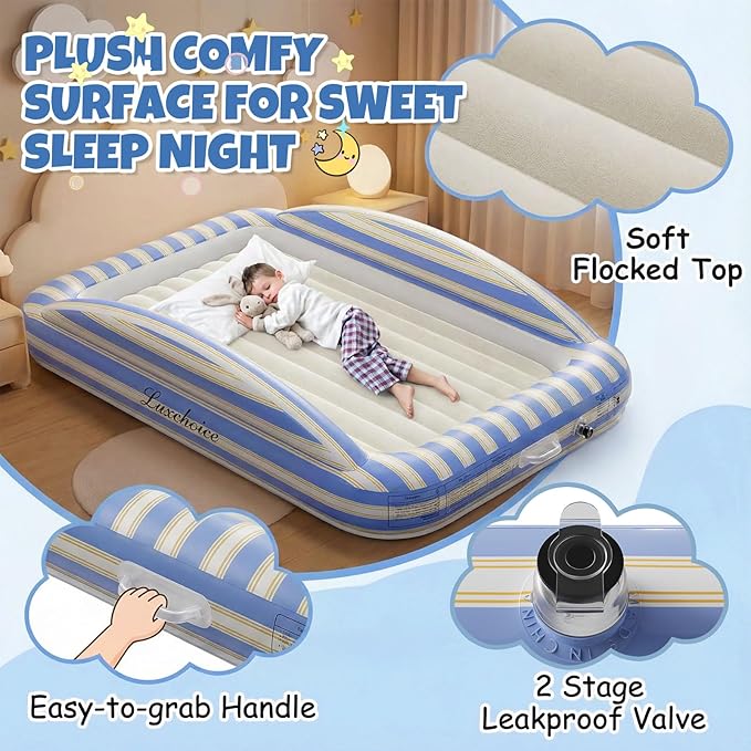 Inflatable Toddler Travel Bed with Cordless Rechargeable Air Pump – Comfy Removable Flocked Toddler Air Mattress & Safety Rails, Portable Kids Blow Up Bed for Home Camping Sleepover Vacation
