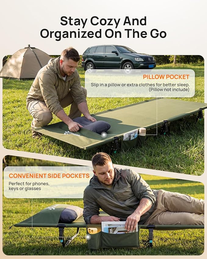 Sportneer Camping Cot, 31.5'' Extra Wide Army Green Compact Folding Cot with Side Pocket & Carry Bag, Lightweight Portable Outdoor Bed for Adults, Camping, Home, Travel
