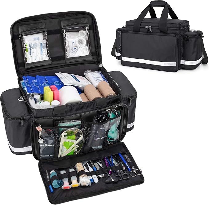 Trunab First Aid Bag Empty Medical Duffel First Responder Trauma Storage with Inner Dividers and No-scratch Bottom, Ideal for EMT, EMS, Paramedics, Bag Only, Black