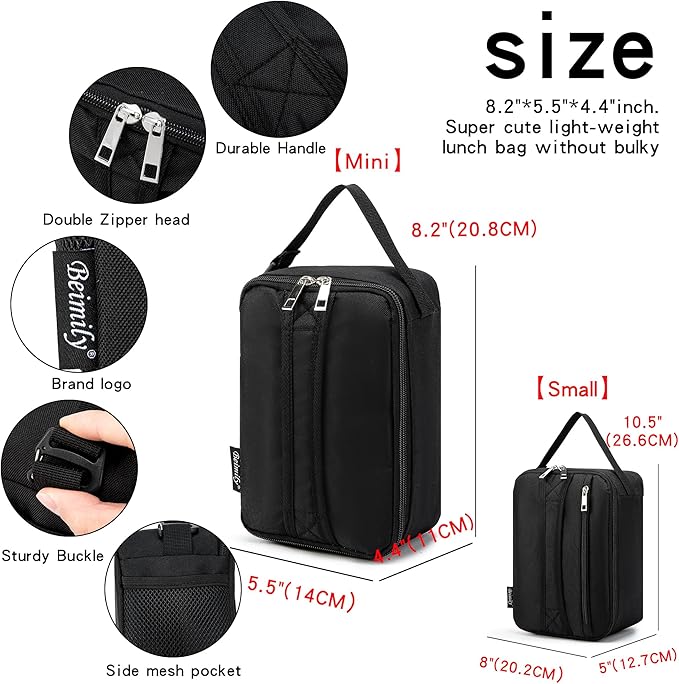 BEIMILY Mini Insulated Lunch Bag for Women Men, Portable Refrigerated Lunch Box,Soft Insulated Tote Cooler Bag for Work Camping Hiking Beach Picnic with Comfort Handle and Removable Hand Strap(Black)