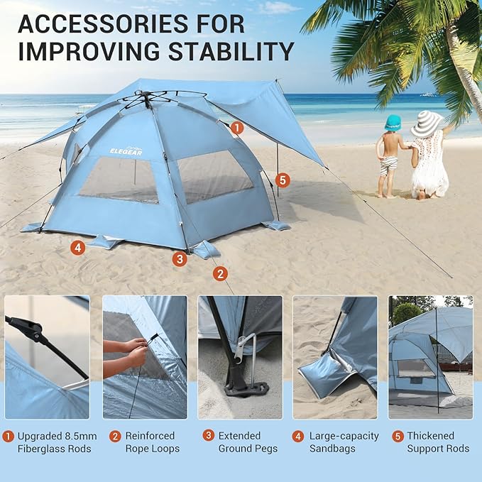 Elegear Beach Tent with Canopy, 1-Second Setup Pop Up Sun Shelter Shade, UPF 50+ UV Protection Silver-Coated Lightweight Portable Beach Cabana
