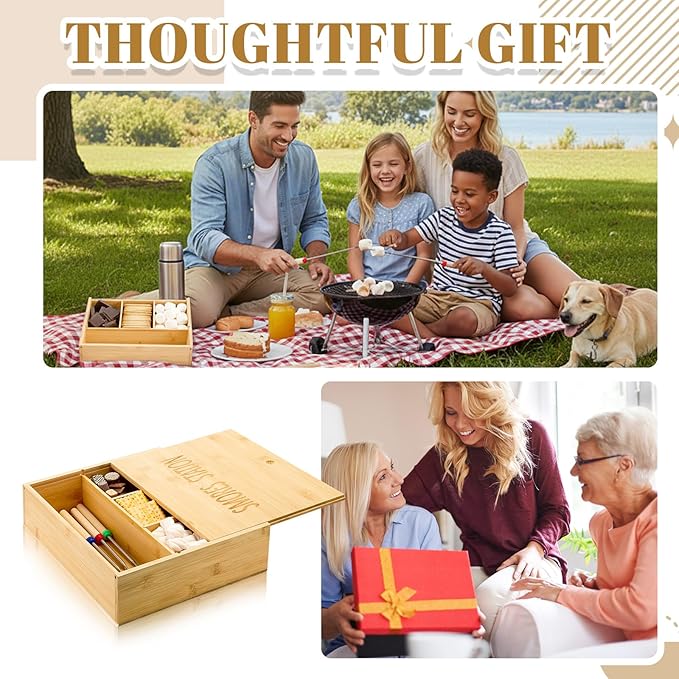 LemonRoad 13.4 x 11.2 x 3.5 Inch Smores Kits, Bamboo S'Mores Kit Box with Lid, 6 Extendable Roasting Sticks & Carry Bag, Portable Camping Cookware Set for Outdoor Picnic Backyard Party Family Fun