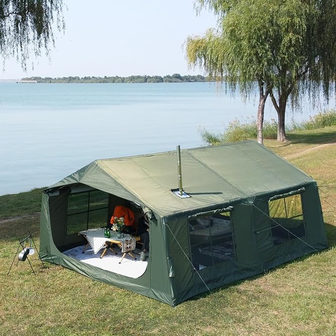 Oxford Inflatable Tent for Camping with Hand Pump, 4 Season Glamping Tents with Stove Jack for 8-12 Person, Waterproof Outdoor Party Camping Festival