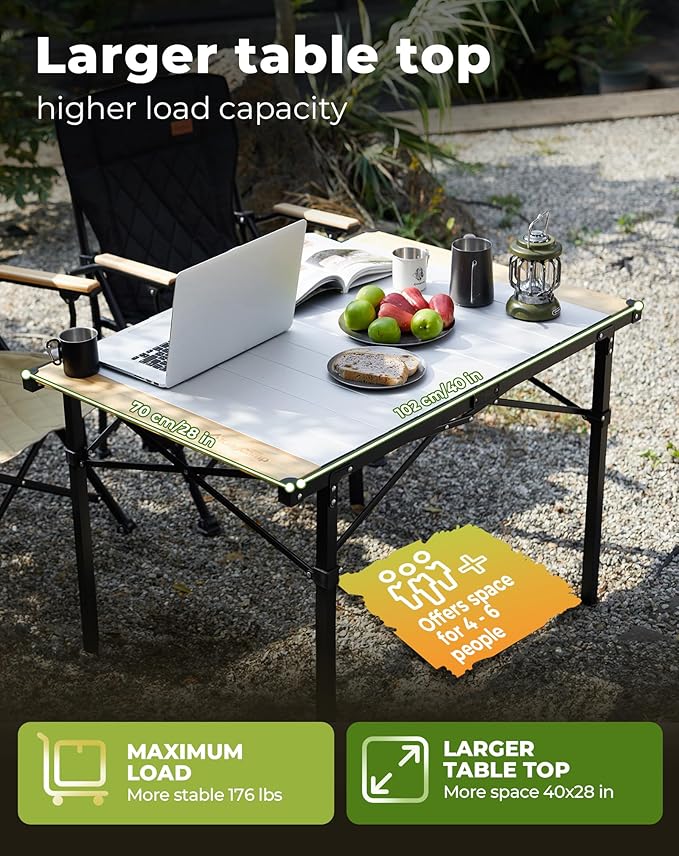 KingCamp Folding Camping Table, Aluminum Roll-Up Camp Table, Large Foldable Table for 4-6 Person, Outdoor Portable Tables with Carry Bag, 176 LBS Heavy Duty Load (Bamboo：40.16“x27.5”，4-6 People)
