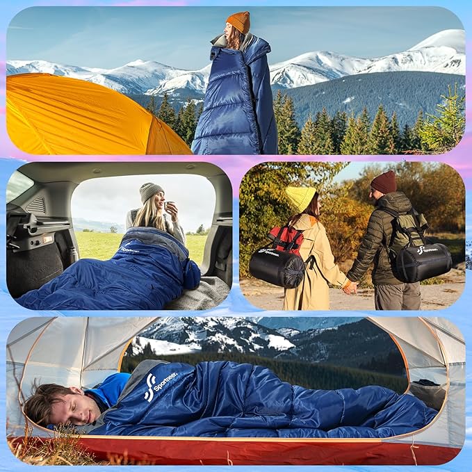 Sportneer 0 Degree Sleeping Bag, Crystal Velvet Fabric Lining XXL Winter Cold Weather Sleeping Bag, Big and Tall Zero Degree Camping, Detachable Hood Compression Sack