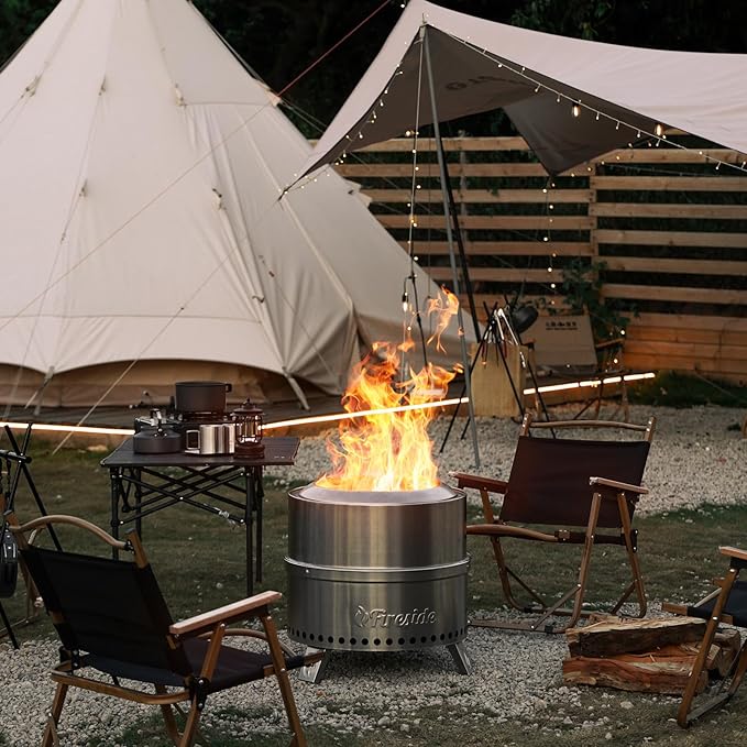 TURBRO 19 Inch Smokeless Fire Pit for Outdoor Wood Burning, Portable 304 Stainless Steel Camping Stove with Stand, Removable Ash Pan, Waterproof Storage Bag, Unique Nested Design, Pluto R19-SS, Silver