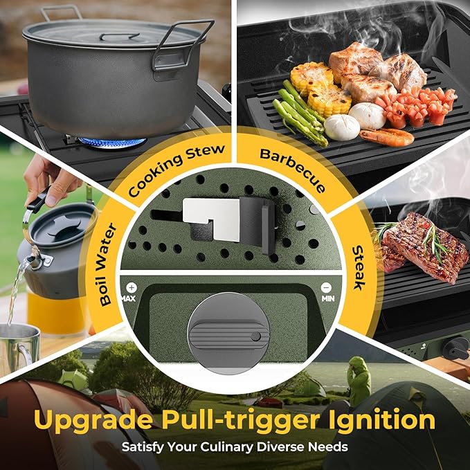 Camping Stove, 2 Burner Propane Stove With Grill,17,000 BTU Camp Stove, Foldable Camping Stove Propane Includes Carry Bag,Windscreen & Grill,Adjustable Burners & Piezo Ignition for Tailgating,BBQ,Camp