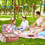 Wicker Picnic Basket for 4 with Waterproof Picnic Blanket and Insulated Cooler, Willow Hamper for Camping, Outdoors, Photoshoot, or a Birthday, Valentine’s Day, Wedding Gift, Pink