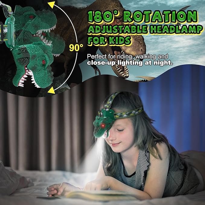 Dinosaur Headlamp for Kids Flashlight 2 Pack, Rechargeable Led Headlights Roar & Silent Mode, T-Rex Dinosaur Toys, Camping Gear, Easter Gifts for Boys Girls Adults