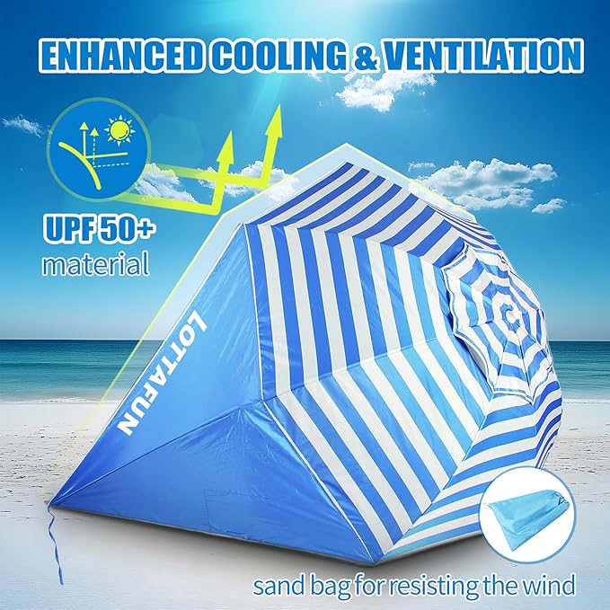 Beach Shelter Umbrella Premiere UPF 50+ Umbrella Shelter for Sun and Rain Protection for Adult (10-Foot,Blue Stripe)