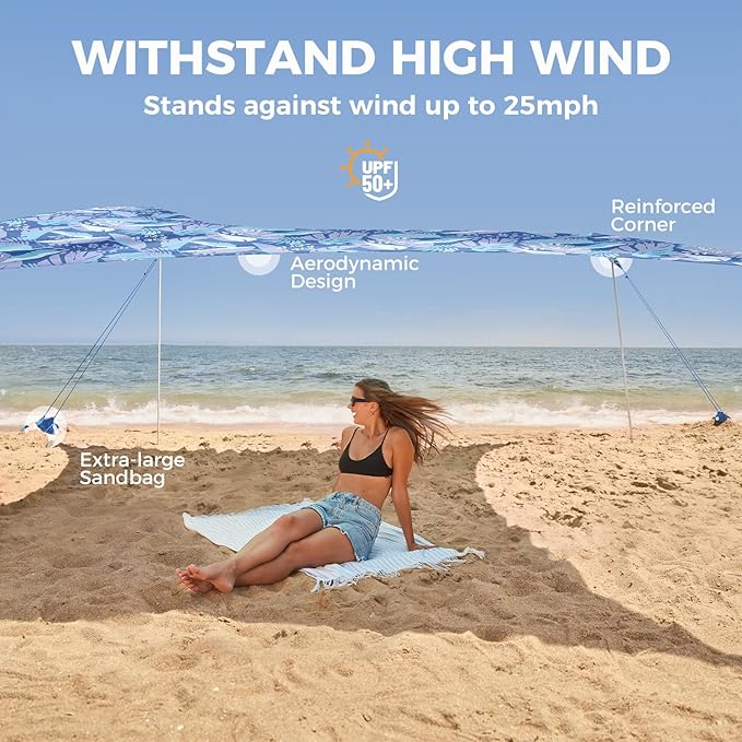 WEKAPO Beach Tent Sun Shelter - Easy Setup Beach Canopy with 4 Sturdy Poles, Large Sandbags and Shovel, 6'7'' Tall, Windproof Sun Shade for Backyard and Camping, UPF 50+ Protectio
