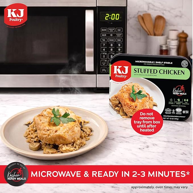 KJ Poultry Kosher Ready Meals - Stuffed Chicken Breast Rice, MRE Meat Meals Ready to Eat, Gluten Free, Halal, (12 Pack) Prepared Entree Fully Cooked, Shelf Stable Microwave Dinner, Travel Military