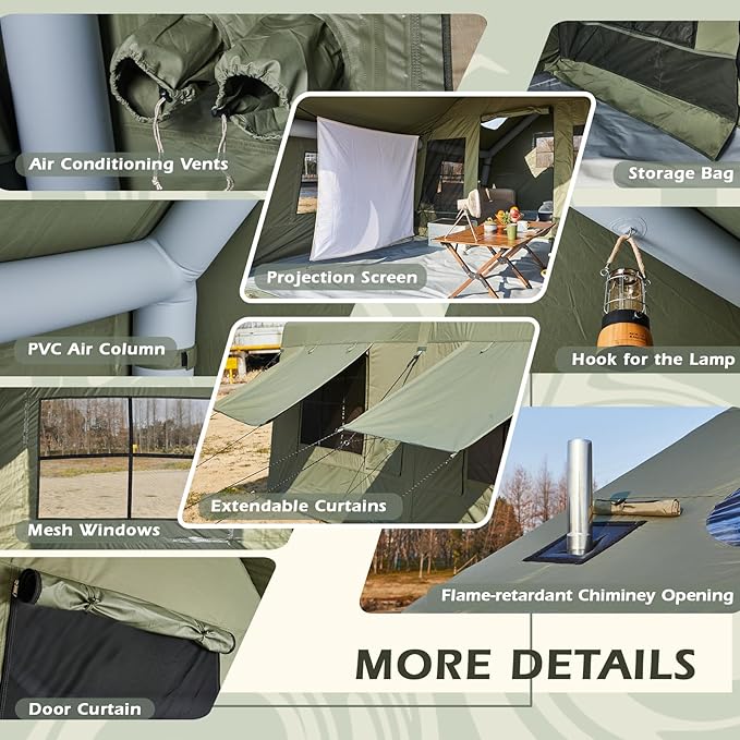 YOLENY Inflatable Tents for Camping, 6-12 Person Blow Up Tent with TPU Skylight, Canopy, Mesh Windows, Stove Jack & Pump, 4 Season Large Inflatable Tent, Waterproof & Windproof