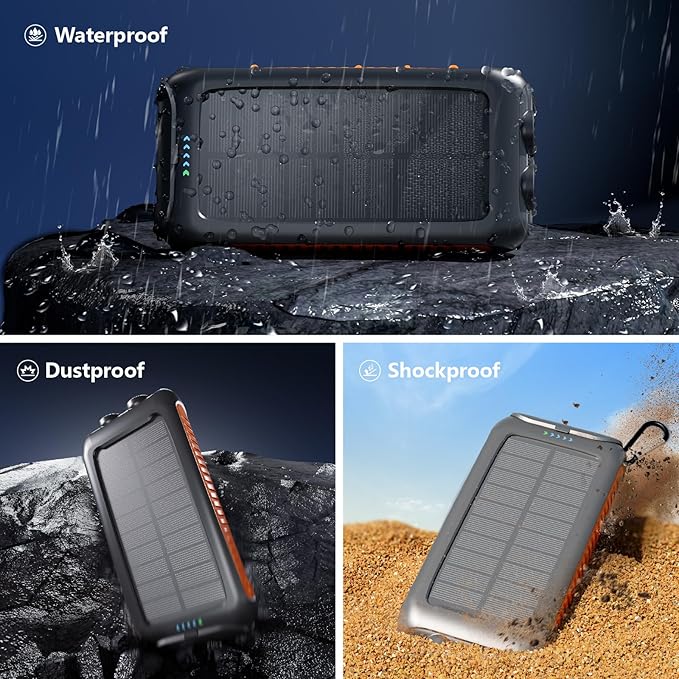 Solar Charger Power Bank 16000mAh Portable Solar Phone Charger with 2 USB-A and Type-C Interface, 15W Fast Charging for iPhone, Samsung etc. Portable Battery Charger with Dual Flashlight for Camping
