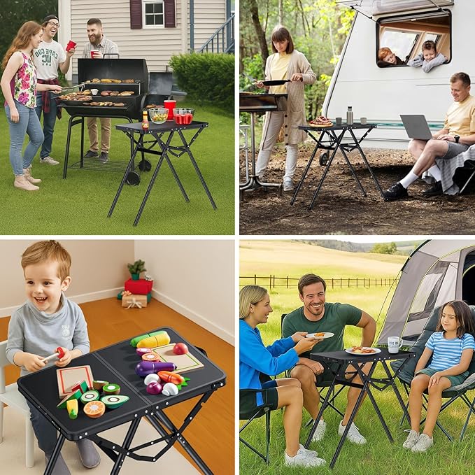 JiGiU Folding Camping Table Height Adjustable Aluminum Alloy Foldable Pinic Table 180lbs Capacity with Handle Stable Triangle Feet for Outdoor Indoor Hiking Camp BBQ Beach (Black, MDF Tabletop)