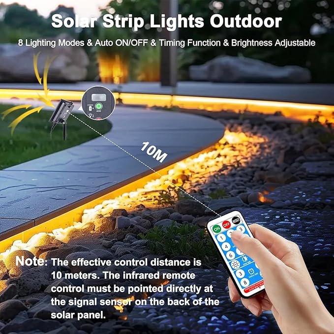 120ft Total (3x40ft) - 3 Pack Solar Led Strip Lights Outdoor, 8 Mode with Remote Timer and Auto On/Off, Self-Adhesive Waterproof, Great for Yard, Garden, Stair and Sidewalk Decor, Warm White