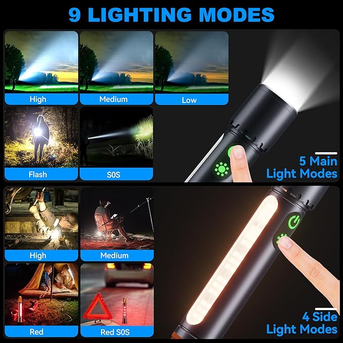 Magnetic Flashlight Rechargeable,5000mAh Flashlights High Lumens with 9 Modes,Waterproof, Adjustable,Powerful Flash Light,Emergency Multi-Flashlights for Home,Car,Hiking,Camping (1, Black)